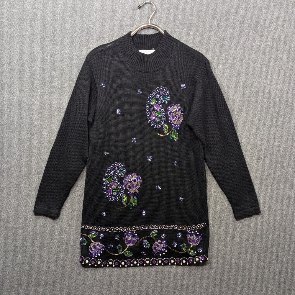 Vintage Beaded Sweater Dress Womens Small Black Purple Tunic Victoria Jones
